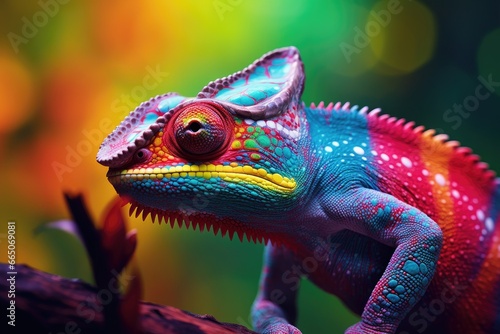 A vibrant chameleon perched on a branch in a lush green environment