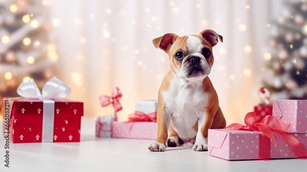 French bulldog guarding christmas presents concept. Ai generated