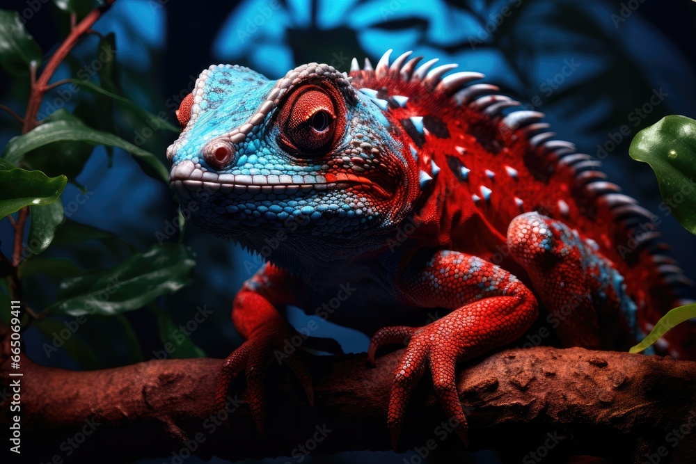Obraz premium A detailed view of a reptile perched on a branch