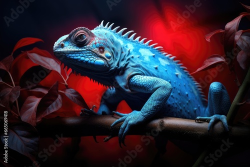 A vibrant blue reptile perched on a branch in a lush green environment