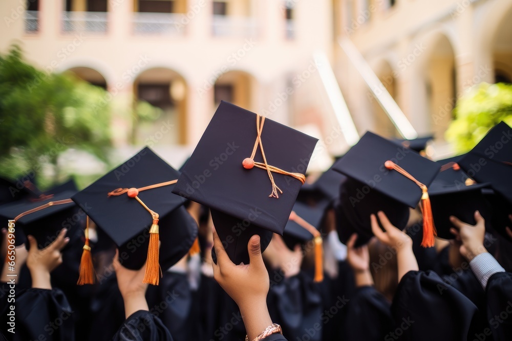 A joyful group of individuals celebrating their graduation in traditional academic attire A joyful group of individuals celebrating their graduation in traditional academic attire