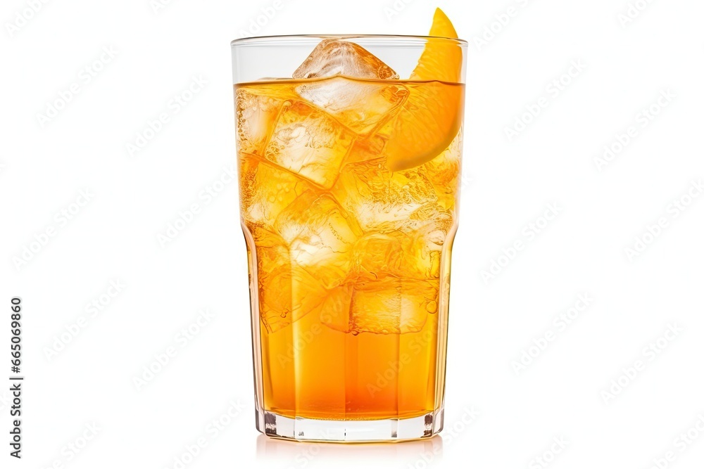 A glass of orange soda water with ice cubes on white background. A glass of orange soda water with ice cubes on white background.