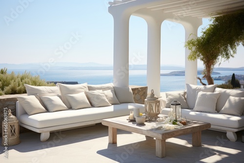 A modern outdoor seating area with a white couch and table © pham