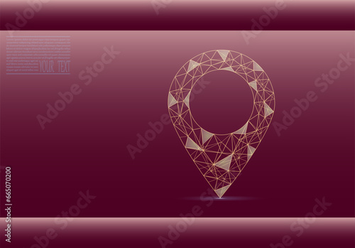 Vector illustration of a label for a map, made up of a technological grid and dots.Navigator pin checking map. Map location, vector icon on burgundy background.