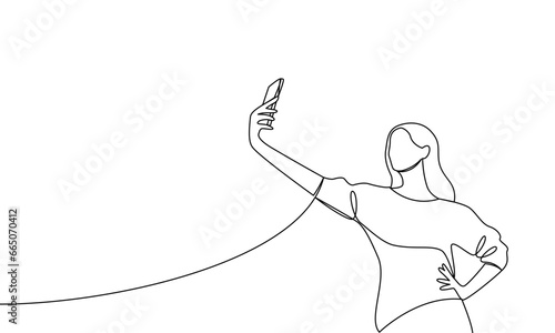 A woman with her hand on her hip takes a selfie or shoots a video through a mobile phone, smartphone. Vector illustration continuous line, line art, outline