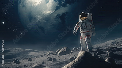 spaceman and astronaut on the surface of moon