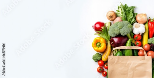 Healthy food in paper bag vegetables and fruits on white background.