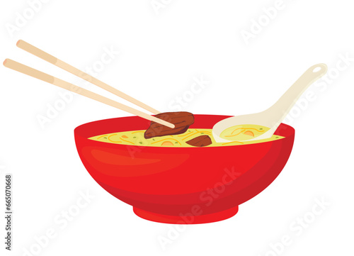 Chicken noodle soup in a red ceramic soup plate. Vector stock illustration. Asian cuisine. Isolated on a white background.