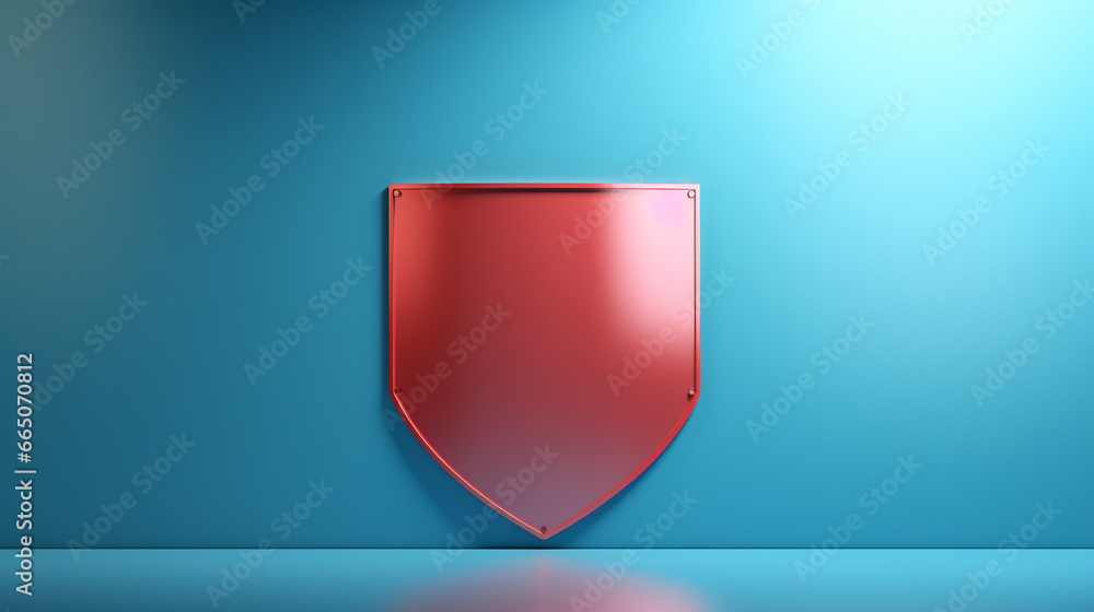 A red shield on blue background with minimalistic background with copy space. Cybersecurity protection concept A red shield on blue background with minimalistic background with copy space. Cybersecurity protection concept