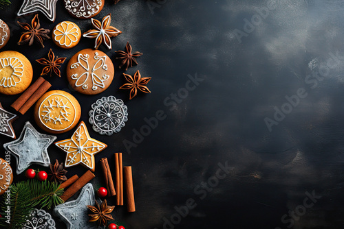 Christmas, food cooking and winter holidays concept , close up of iced gingerbread cookies