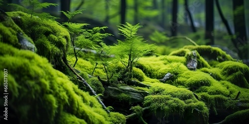 Green moss closeup, with a backdrop of woodland.  Forest in the national park. © Moinul