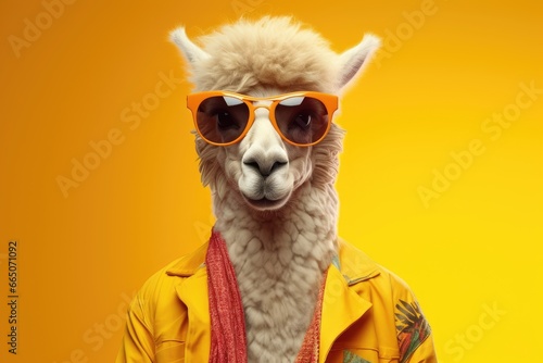 A stylish llama rocking sunglasses and a vibrant yellow jacket