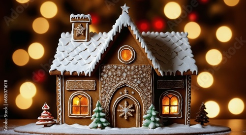 A decorative iced gingerbread house. Christmas decorations, Christmas for birth.