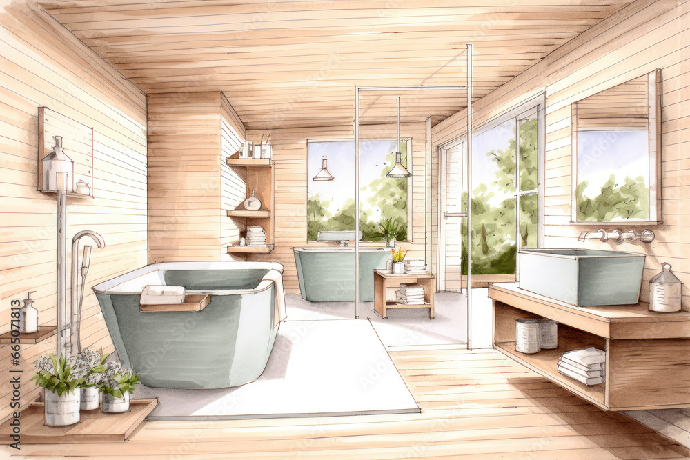 Pencil Sketch Cozy Scandinavian Bath Interior extreme closeup. Generative AI