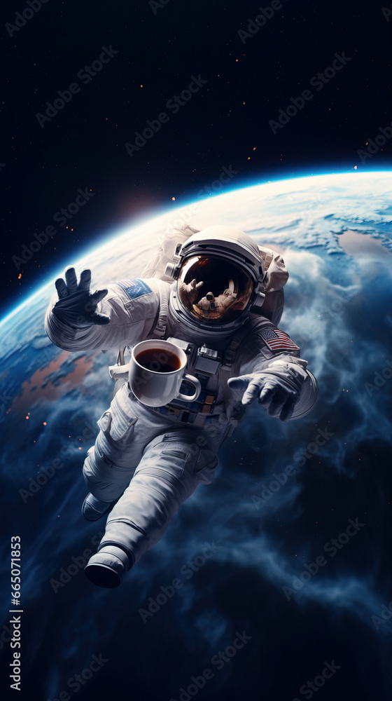 Space man traying to grab a cup of coffee in space,