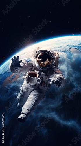 Space man traying to grab a cup of coffee in space,