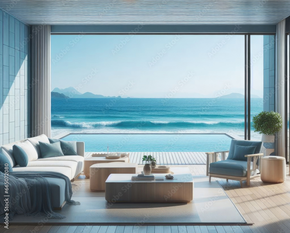 Living room and sofa in modern beach. Home interior with sky and sea.