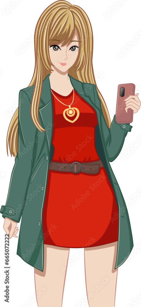 Beautiful Anime Girl. Vector Illustration in Manga Style. Young Woman with Mobile Phone Beautiful Anime Girl. Vector Illustration in Manga Style. Young Woman with Mobile Phone