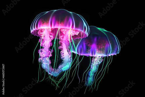 Beautiful Colorful Glowing Jellyfish on black background. Generative AI © doomu