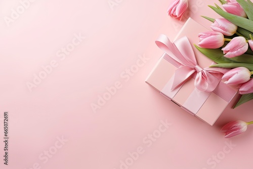 Mother's Day concept. Pink gift box with ribbon bow and a bouquet of tulips. © Moinul
