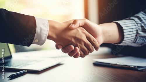 Close up of business handshake on workplace background.