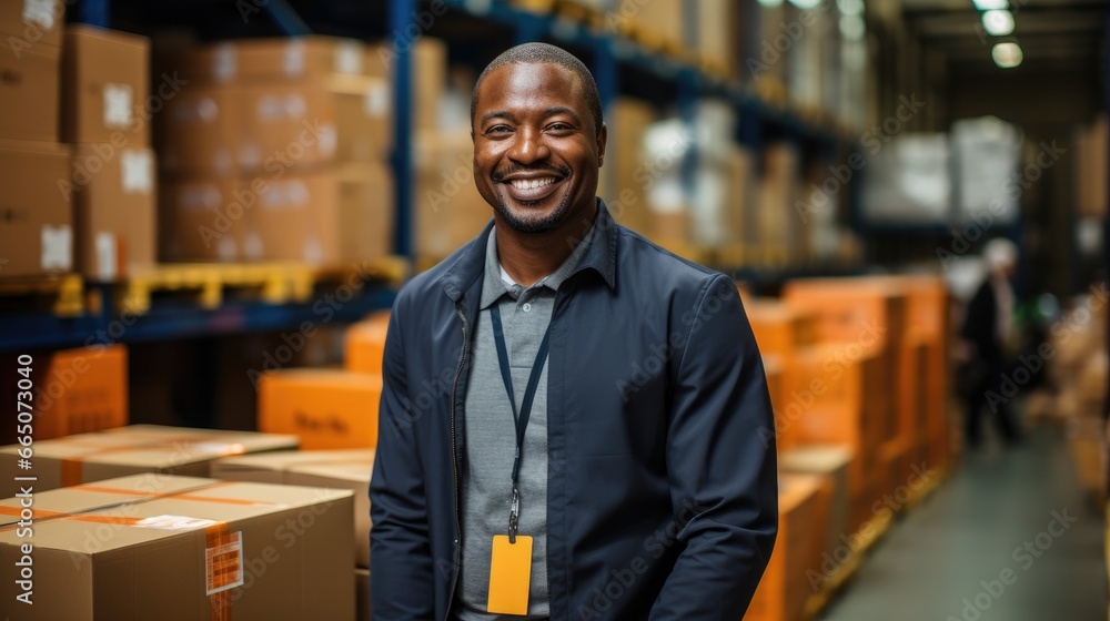 Portrait of a happy worker standing in warehouse distribution center. Portrait of a happy worker standing in warehouse distribution center.