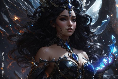 Obsidian Enchantress: AI-Generated Closeup of a Dark Fairy, Shrouded in Smoke and Cosmic Aura, with Intricate Obsidian Shard Hair Detailing