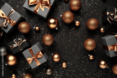 Luxury Black New Year Background with Golden and Black Christmas Balls extreme closeup. Generative AI