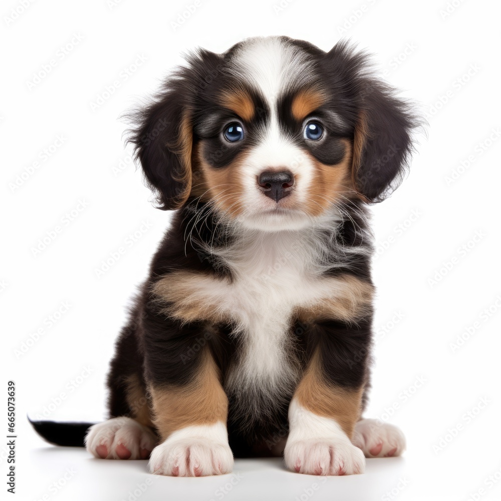 An adorable puppy with mesmerizing blue eyes in a relaxed position