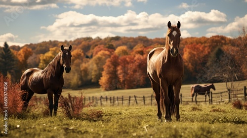 Equine Elegance: The grace and majesty of these brown young stallions in their autumn paddock evoke a sense of rural serenity and equestrian harmony © pvl0707