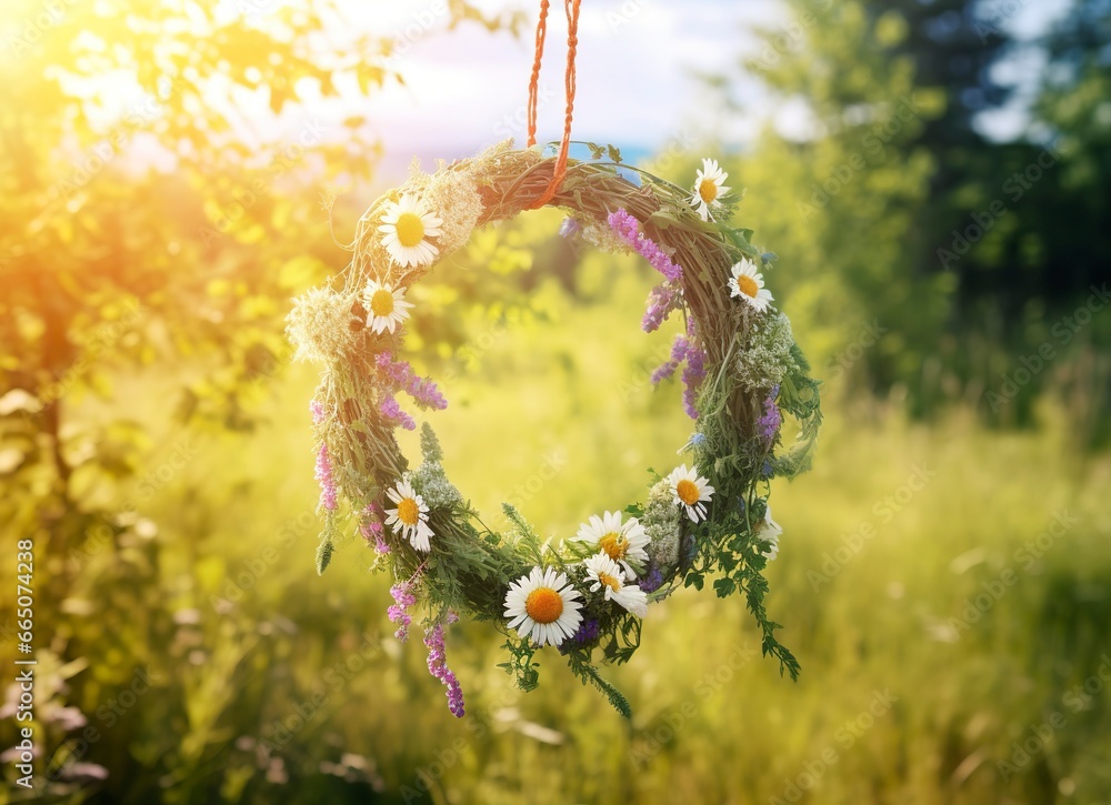 Obraz premium Rustic wildflowers wreath on a sunny meadow. Summer Solstice Day, Midsummer concept.
