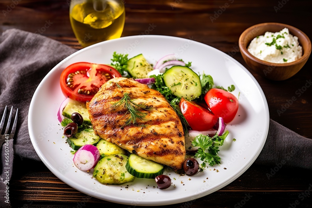 Seared chicken breast and Greek salad on a wooden table.
