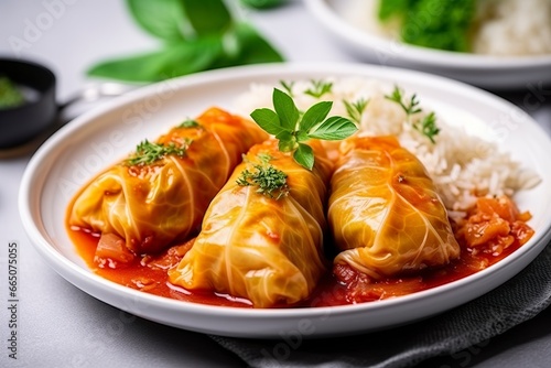 Stuffed cabbage with rice on a white table. photo