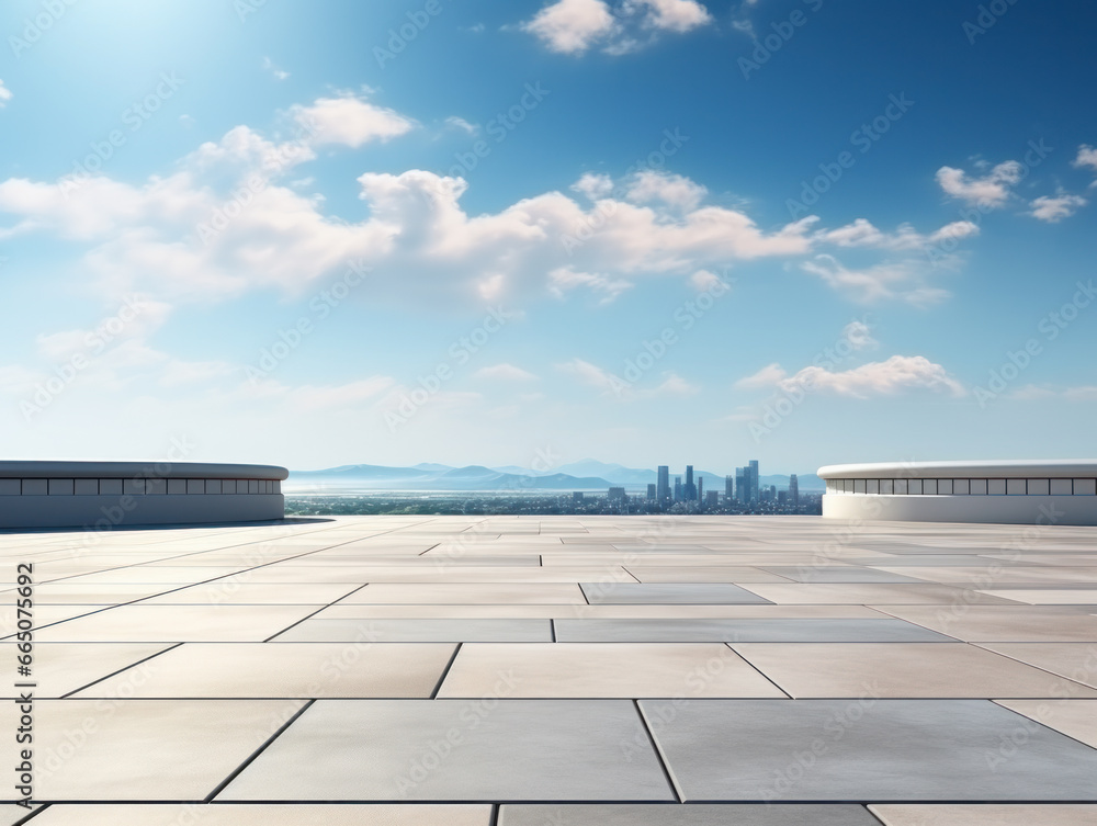 An empty parking lot with the city skyline in the background