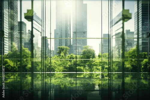 A panoramic cityscape seen through a transparent glass partition © pham