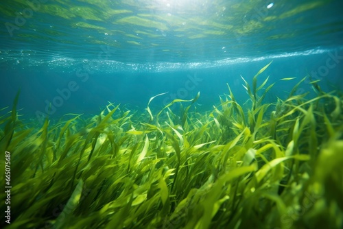 Underwater view of a group of seabed with green seagrass.