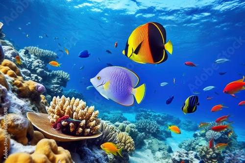 Underwater world with corals and tropical fish. © Moinul