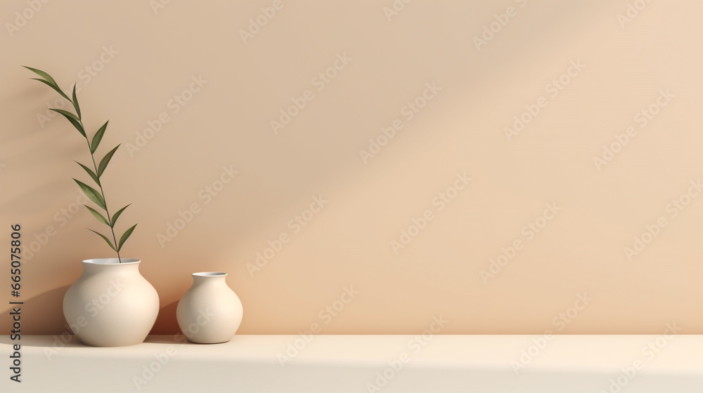Green plant leaves in ceramic vase on white surface. Front view, empty cream wall background with copy space Green plant leaves in ceramic vase on white surface. Front view, empty cream wall background with copy space