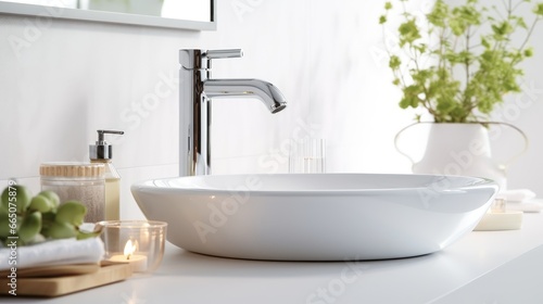 Contemporary Living  Redefine interior design with a sleek bathroom featuring modern faucet and white ceramic washbasin