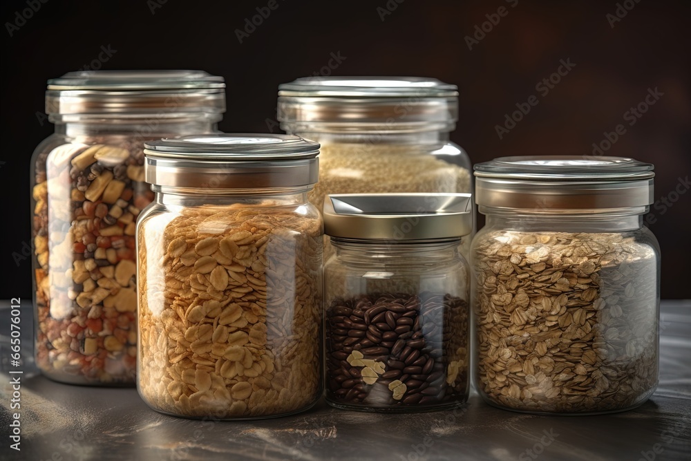 Glass jars with grains, cereals and nuts Glass jars with grains, cereals and nuts