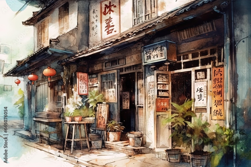 Traditional chinese storefront in watercolor style