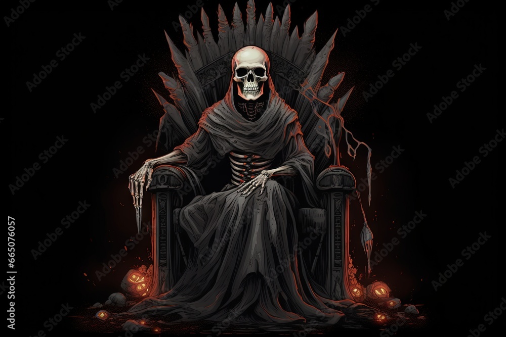 Skeleton king on a throne of swords, death concept Skeleton king on a throne of swords, death concept