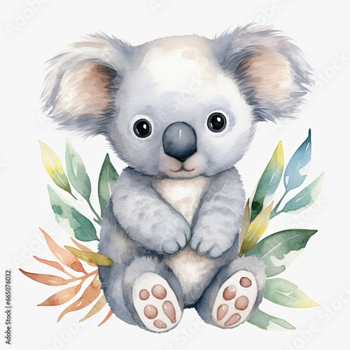 Watercolor fantasy Baby Koala clip art isolated white background.