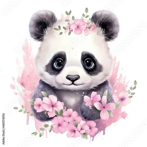 Watercolor fantasy Baby Panda clip art isolated white background.