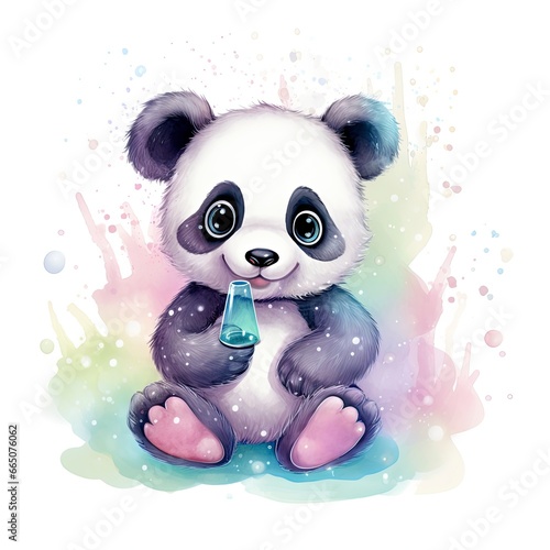 Watercolor fantasy Baby Panda clip art isolated white background.