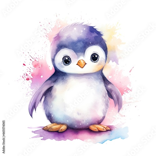 Watercolor fantasy Baby Penguin clip art isolated white background.