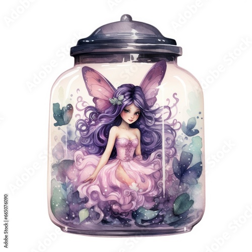 Watercolor Fantasy Pastel Goth Tiny Fairy in a Jar.