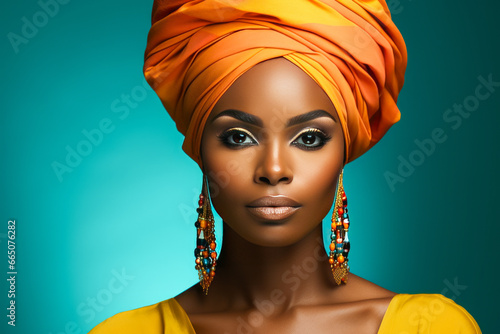 Black model with yellow headwrap on turquoise background. photo