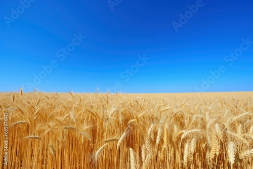 Wheat field under blue sky.