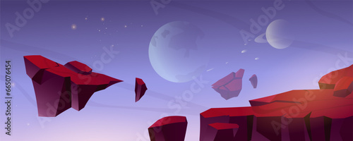 Landscape with red cosmic islands. Vector cartoon illustration of space adventure game scenery.